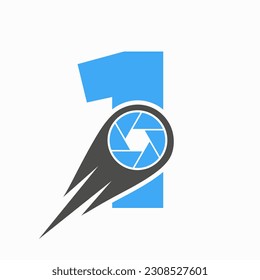 Letra inicial 1 Concepto de lente de cámara con logotipo fotográfico. Plantilla de símbolo de fotografía