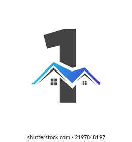 Initial Letter 1 Real Estate Logo With House Building Roof  For Investment and Corporate Business Template