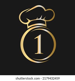 Initial Letter 1 Restaurant Logo Template. Restaurant Logo Concept with Chef Hat Symbol Vector Sign