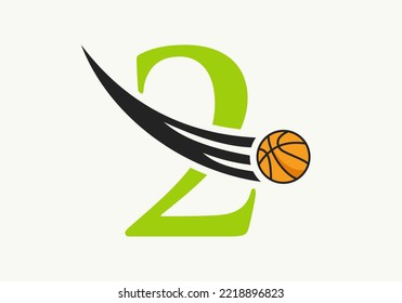 Initial Letter 2 Basketball Logo Concept With Moving Basketball Icon. Basket Ball Logotype Symbol Vector Template