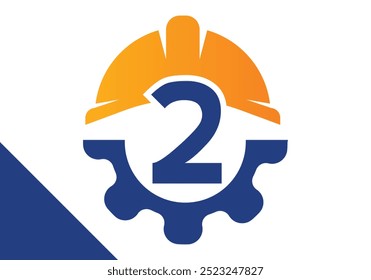 Letra inicial 2 com engrenagem e capacete. Vetor de design de logotipo de engenharia de engrenagens
