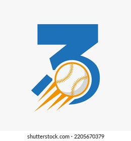 Letra inicial 3 Concepto de logotipo de béisbol con plantilla de vectores de iconos de béisbol en movimiento