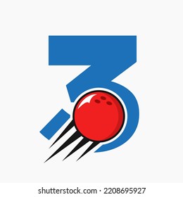 Initial Letter 3 Bowling Logo Concept With Moving Bowling Ball Icon. Bowling Sports Logotype Symbol Vector Template
