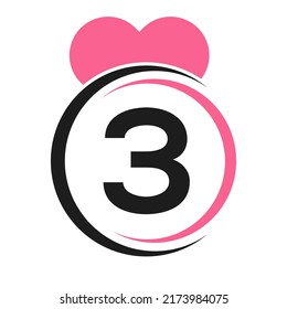 Initial Letter 3 Logo with Love Icon or Heart Sign In Modern Style Vector Template