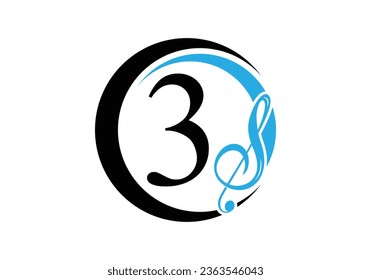 Initialbuchstabe 3 mit einem Notenlogo. Symbol für musikalisches Zeichen. Schriftemblem. Moderne Design-Vorlage für Vektorgrafiken