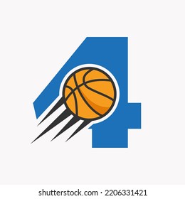 Initial Letter 4 Basketball Logo Concept With Moving Basketball Icon. Basket Ball Logotype Symbol Vector Template