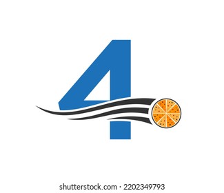 Initial Letter 4 Cafe Restaurant Logo With Pizza Concept Vector Template