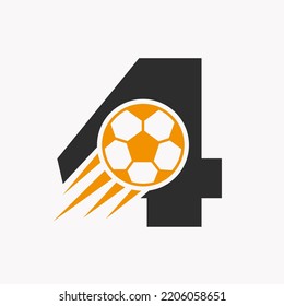 Initial Letter 4 Football Logo Concept With Moving Football Icon. Soccer Logotype Symbol Vector Template