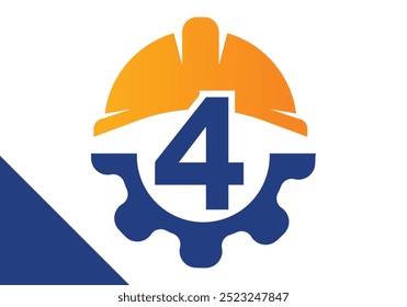 Initial Letter 4 with Gear and Helmet. Gear engineer logo design vector