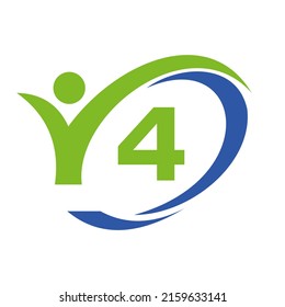 Initial Letter 4 Logo, Medical Design with Human Symbol. People Healthcare and Letter 4 Wellness Logo, Fitness Sign