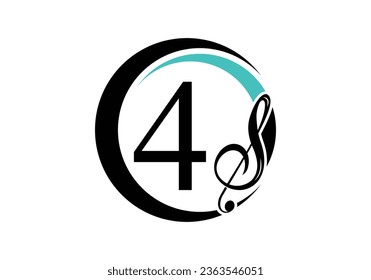 Initial Letter 4 with a musical note Logo. Musical sign symbol. Font emblem. Modern vector logo design template