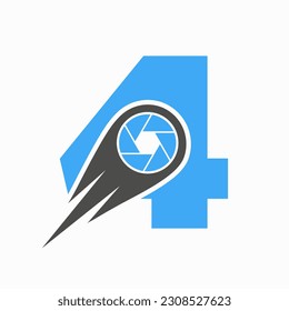 Letra inicial 4 Concepto de lente de cámara con logotipo fotográfico. Plantilla de símbolo de fotografía