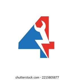 Llave De Reparación De Letra Inicial 4 Y Diseño De Logotipo De Alimentación De Voltios Para Reparación, Plantilla De Vector De Signos Eléctricos