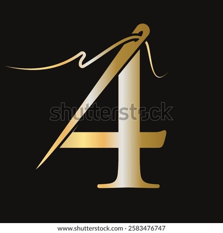 Initial Letter 4 Sewing Needle Logo Design for Embroider, Textile, Fashion, Cloth, Fabric Symbol
