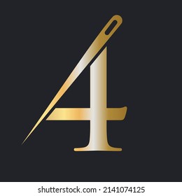 Anfangsbuchstaben 4 Schneiderlogo, Nadelkombination und Thread-Kombination für Stickereien, Textilien, Mode, Kleidung, Stoffe, goldene Farbvorlage