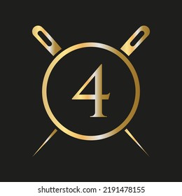Letra inicial 4 Logotipo sastre, combinación de aguja y hilo para bordado, textil, de moda, de tela, plantilla de tela