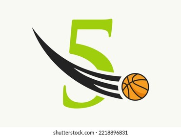 Initial Letter 5 Basketball Logo Concept With Moving Basketball Icon. Basket Ball Logotype Symbol Vector Template