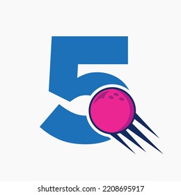 Initial Letter 5 Bowling Logo Concept With Moving Bowling Ball Icon. Bowling Sports Logotype Symbol Vector Template