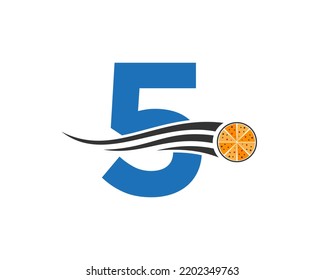 Initial Letter 5 Cafe Restaurant Logo With Pizza Concept Vector Template