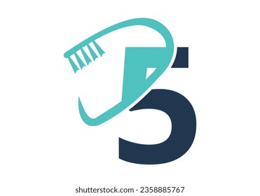 Initial Letter 5 Dental Logo Combine With Tooth Brush Symbol. Dental Care logo designs vector Template