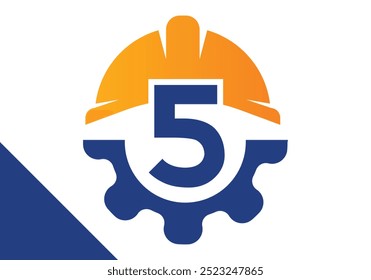 Initial Letter 5 with Gear and Helmet. Gear engineer logo design vector