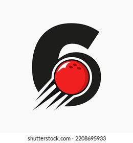 Initial Letter 6 Bowling Logo Concept With Moving Bowling Ball Icon. Bowling Sports Logotype Symbol Vector Template