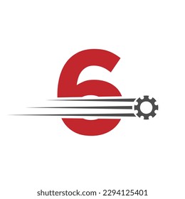 Initial Letter 6 Gear Cogwheel Logo. Automotive Industrial Icon, Gear Logo, Car Repair Symbol