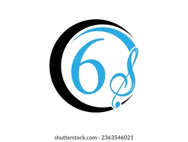 Initial Letter 6 with a musical note Logo. Musical sign symbol. Font emblem. Modern vector logo design template