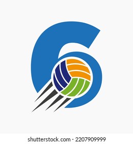 Letra inicial 6 Concepto De Logo De Voleibol Con Icono De Bola De Voleibol En Movimiento. Plantilla de vectores de logotipo deportivo de voleibol