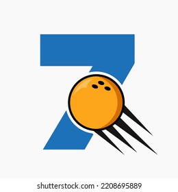 Anfangsbuchstabe 7 Bowling Logo-Konzept mit beweglichem Bowling-Ball-Symbol. Bowling Sports Logotype Symbol Vektorvorlage