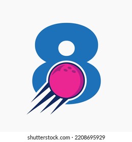 Initial Letter 8 Bowling Logo Concept With Moving Bowling Ball Icon. Bowling Sports Logotype Symbol Vector Template