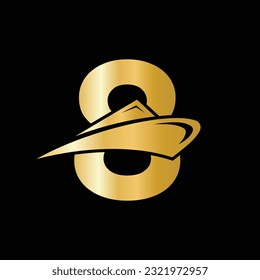 Initial Letter 8 Cruise Ship Logo Boat Icon. Yacht Symbol, Marine Logotype