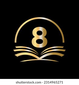 Erster Buchstabe 8 Logo-Buchkonzept für das Bildungs-Logo. Design des Logos für Universitäten, Hochschulen