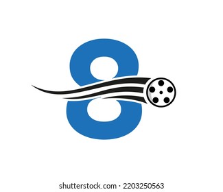 Initial Letter 8 Film Logo Concept With Film Reel For Media Sign, Movie Director Symbol Vector Template