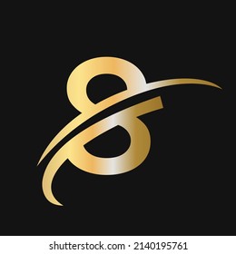 Initial letter 8 logo design with swoosh sign. 8 logotype based alphabet business logo gold color