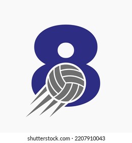 Initial Letter 8 Volleyball Logo Concept With Moving Volley Ball Icon. Volleyball Sports Logotype Symbol Vector Template