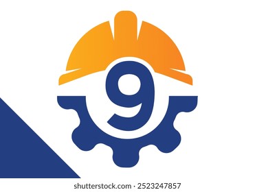 Initial Letter 9 with Gear and Helmet. Gear engineer logo design vector