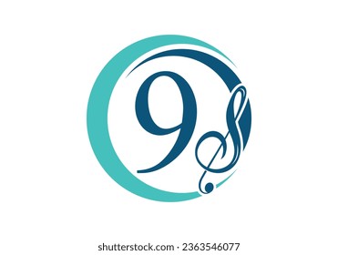 Letra inicial 9 con logotipo de nota musical. Símbolo musical. emblema de letra. Plantilla moderna de diseño de logotipo vectorial