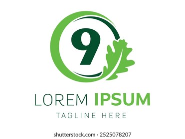 initial letter 9 oak leaf in a circle logo design Vector