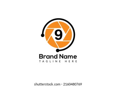 Concepto de lente de cámara con logotipo de fotografía de la carta inicial 9. Logotipo de fotografía logotipo combinado con firma de cámara de 9 letras