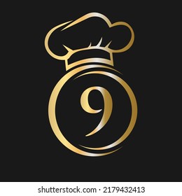 Initial Letter 9 Restaurant Logo Template. Restaurant Logo Concept with Chef Hat Symbol Vector Sign