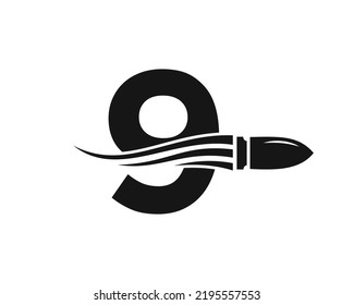 Initial Letter 9 Shooting Bullet Logo With Concept Weapon For Safety and Protection Symbol