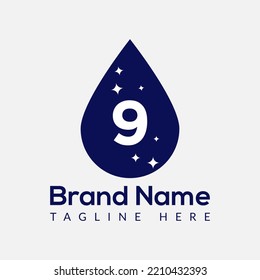 Initial Letter 9 Wash Logo, Drop and Wash Combination. Schlaglogo, Wash, Clean, Fresh, Wasservorlage