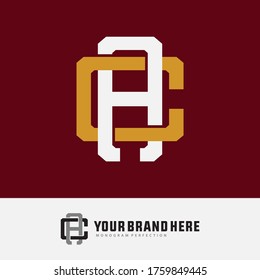 Initial letter A, C, AC or CA overlapping, interlock, monogram logo, white and gold color on red background