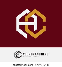 Initial letter A, C, AC or CA overlapping, interlock, monogram logo, white and gold color on red background