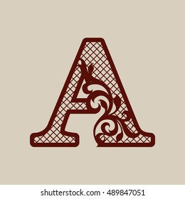 Initial letter A. Carved openwork pattern. Template can be used for interior design, greeting and wedding cards, invitations, etc. Picture suitable for laser or plotter cutting stencils or printing