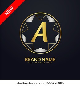 Initial letter A, decorative ornament emblem badge, elegant luxury silver gold color on black background