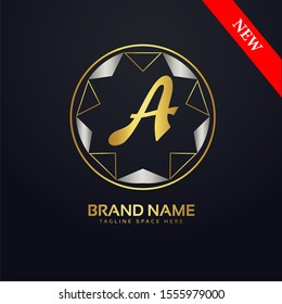 Initial letter A, decorative ornament emblem badge, elegant luxury silver gold color on black background