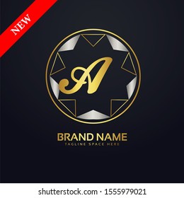 Initial letter A, decorative ornament emblem badge, elegant luxury silver gold color on black background
