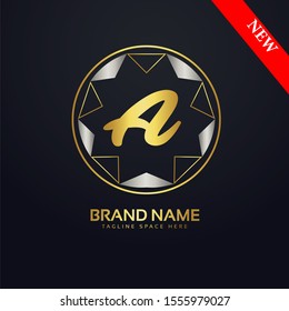 Initial letter A, decorative ornament emblem badge, elegant luxury silver gold color on black background